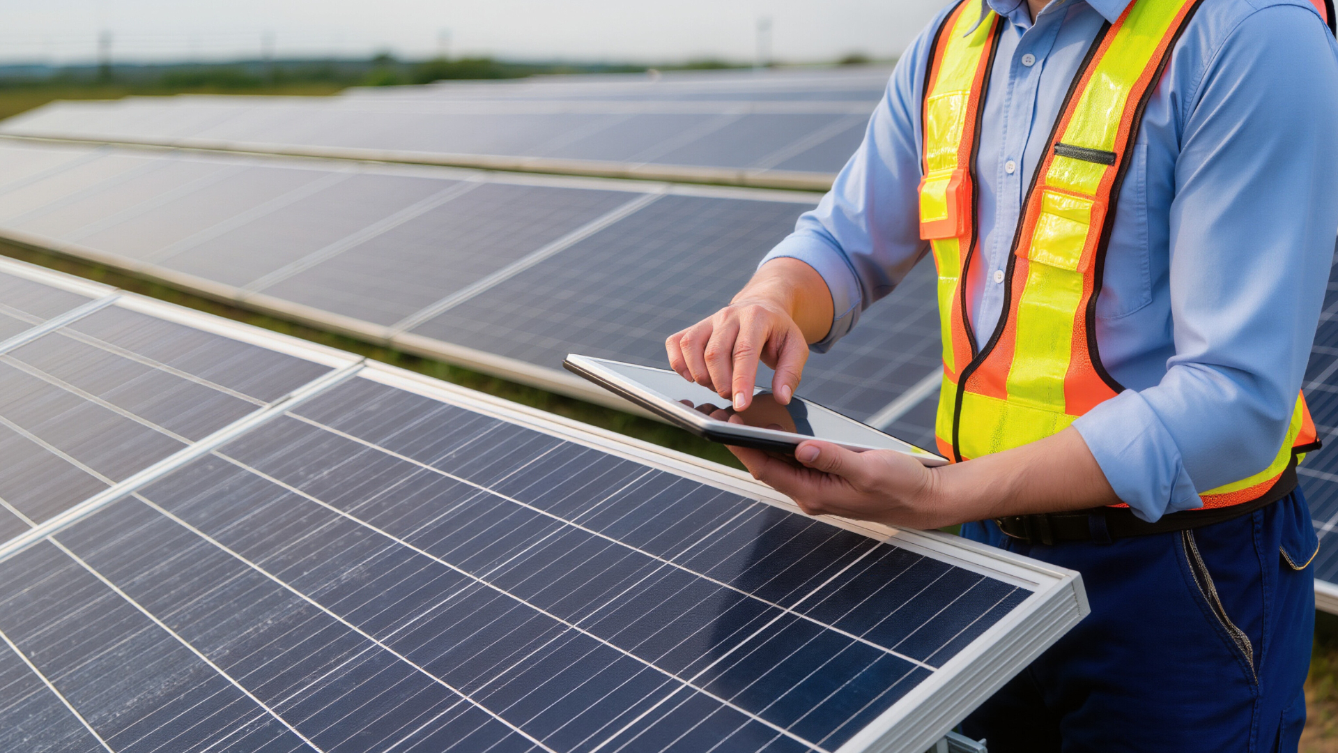 Tecnico con tablet accanto a un impianto fotovoltaico
